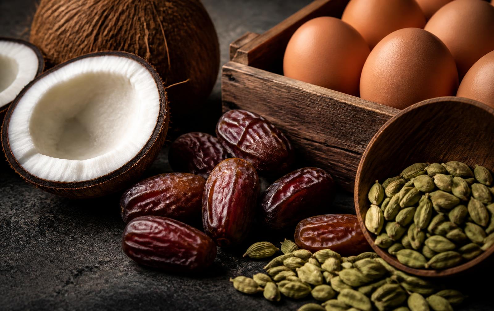 Close-up of dates, green cardamom, coconut and eggs on dark stone