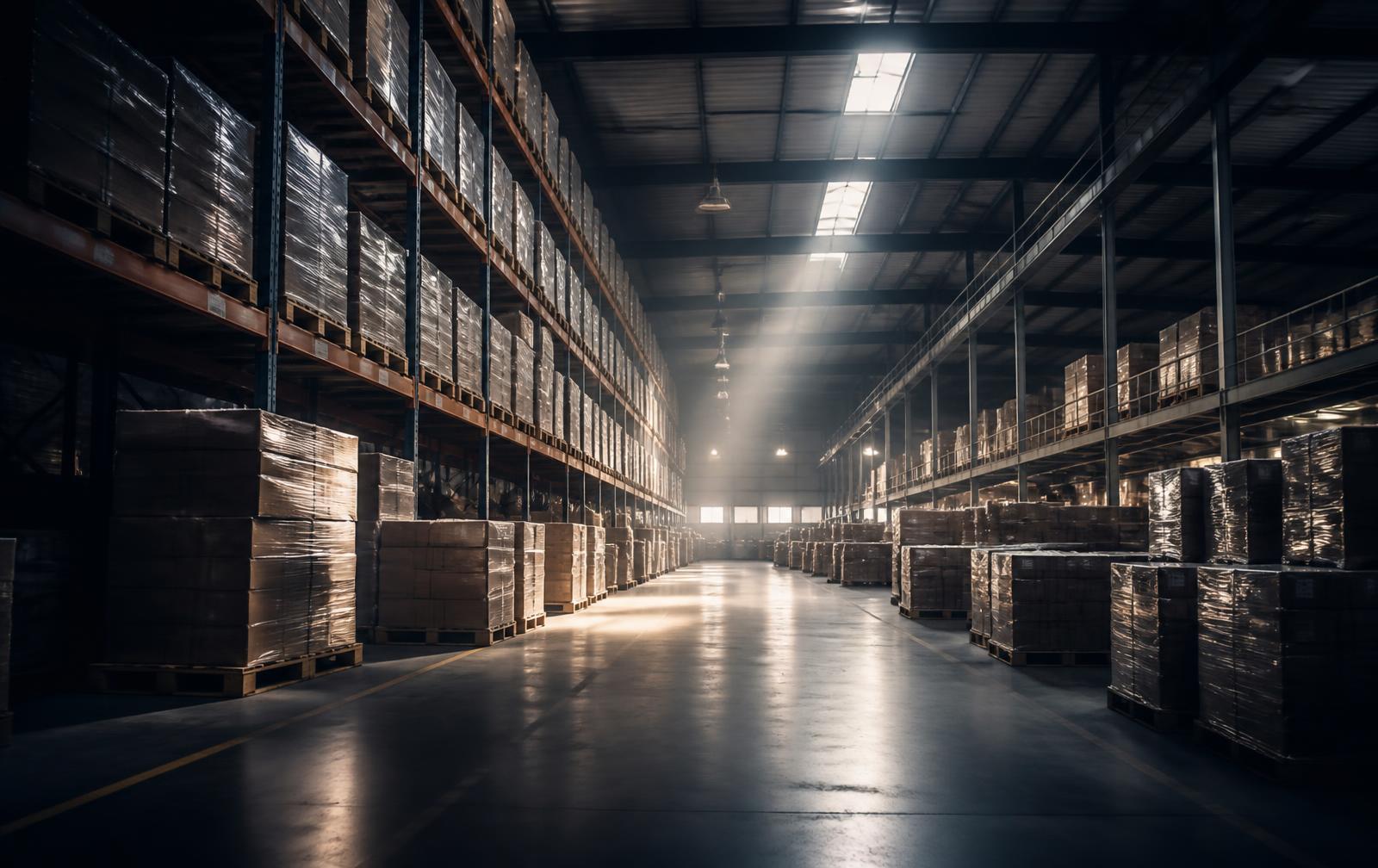 Palletised cargo stacked along a long warehouse aisle