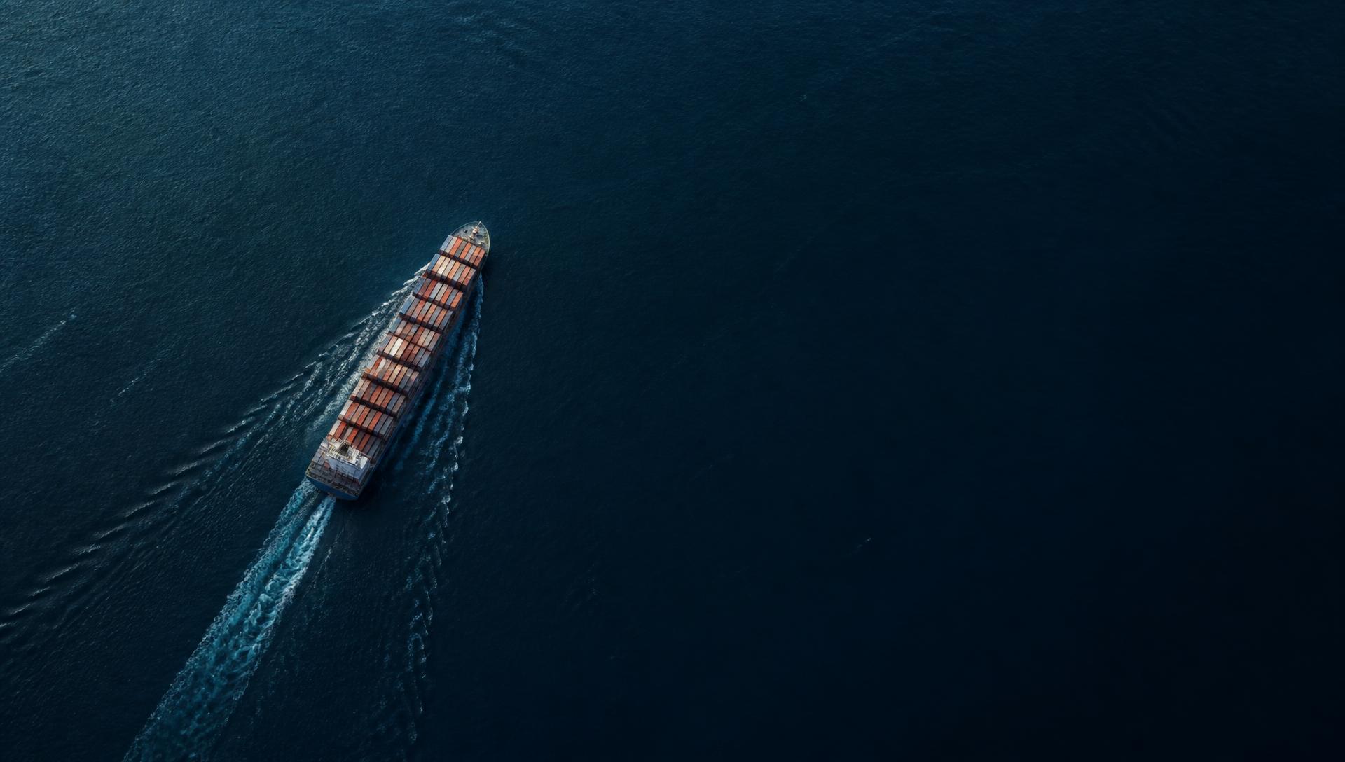 Container ship crossing open water, seen from above