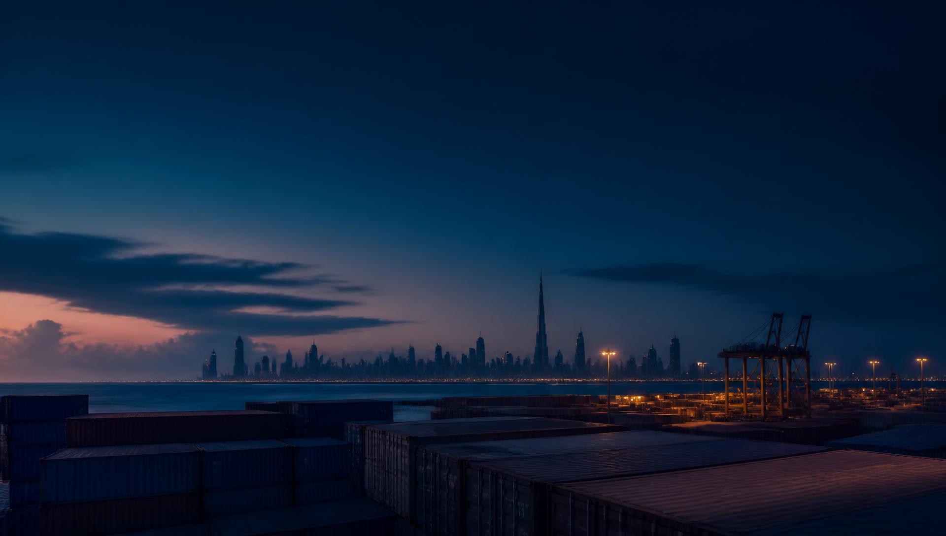 Shipping containers at a UAE port with the city skyline at dusk