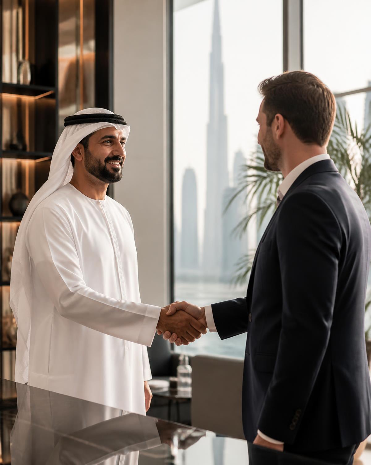 Two business partners shaking hands in a modern UAE office
