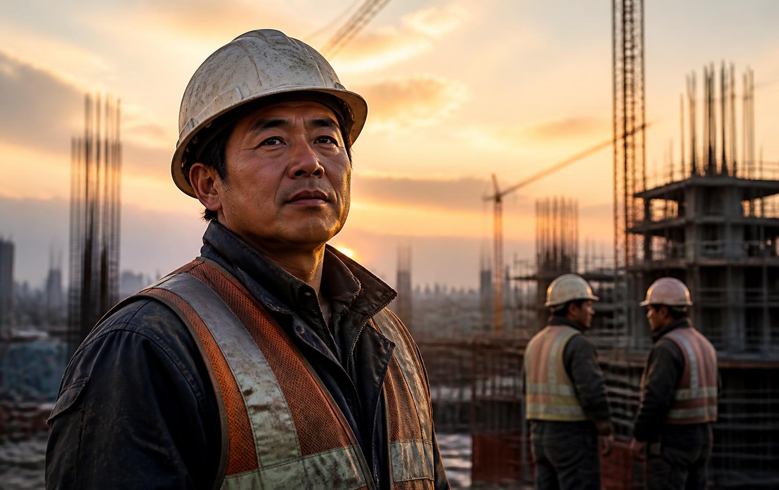 Construction workers wearing helmets and vests on a large site